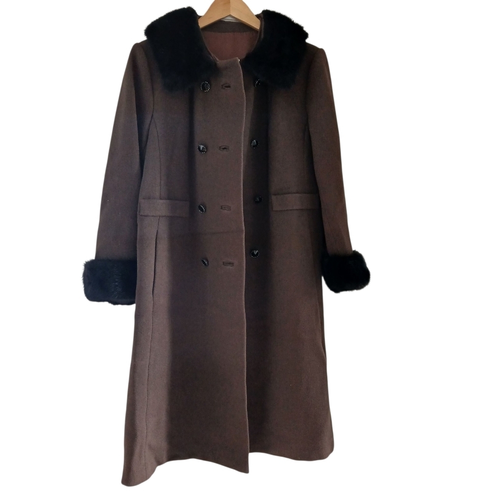 Vintage 50's MCM Meir & Frank Co.Coat Brynwood Mink Fur Trim Brown Wool Union